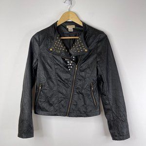 MOON COLLECTION Women Black Lined Studded Faux Leather Jacket